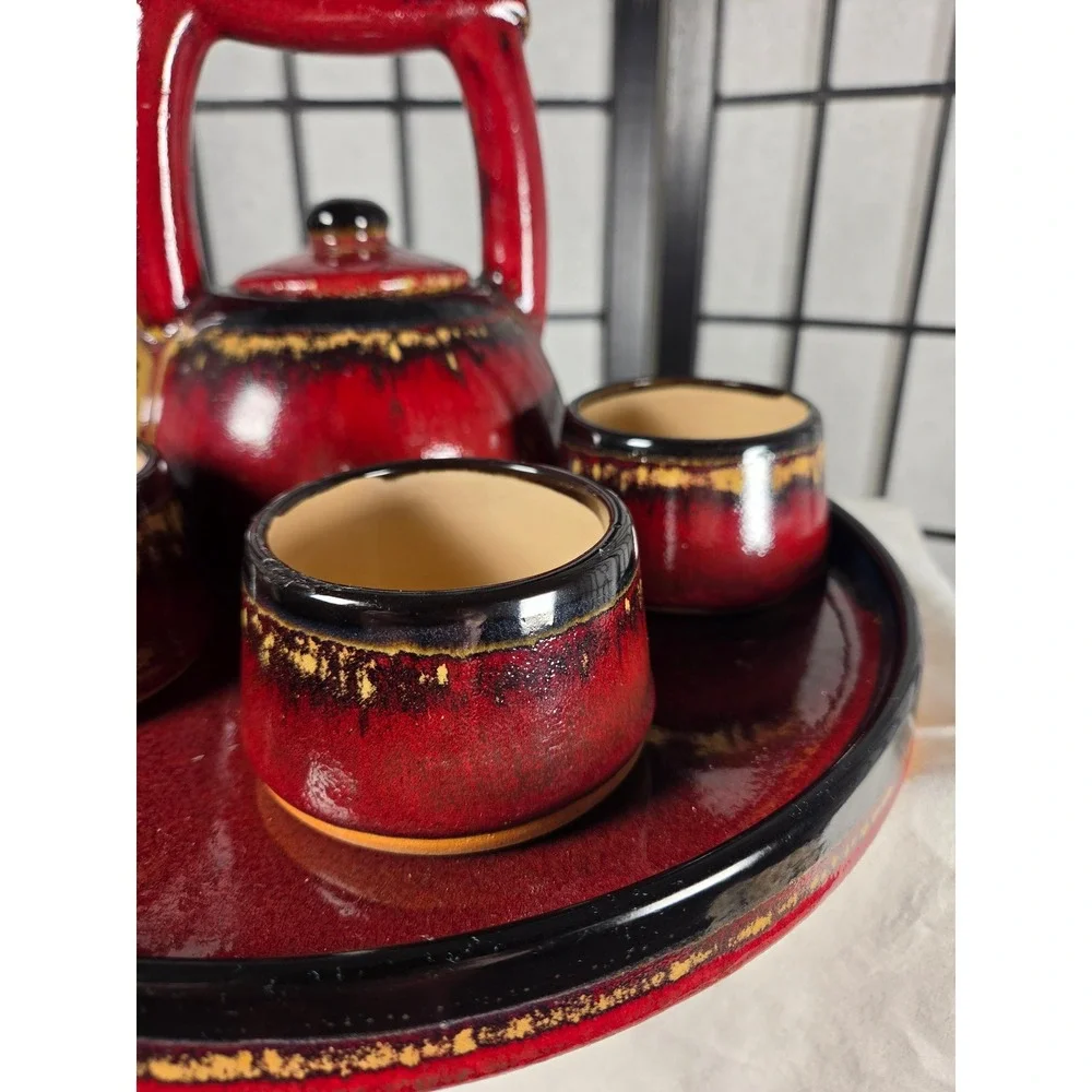 Pier 1 Shanghai Tea Set Red Black Reactive Glaze Earthenware 5 Piece Set